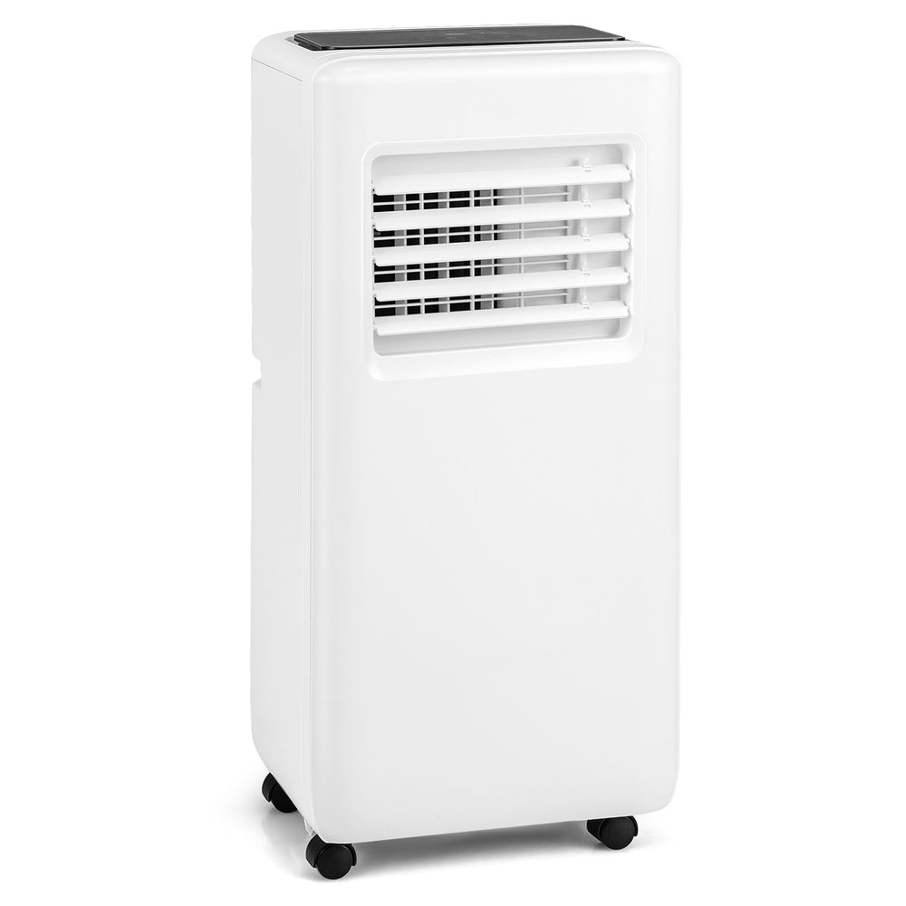 Portable 8000 BTU air conditioner in white with remote control, featuring 3 modes and 4 wheels for easy mobility.