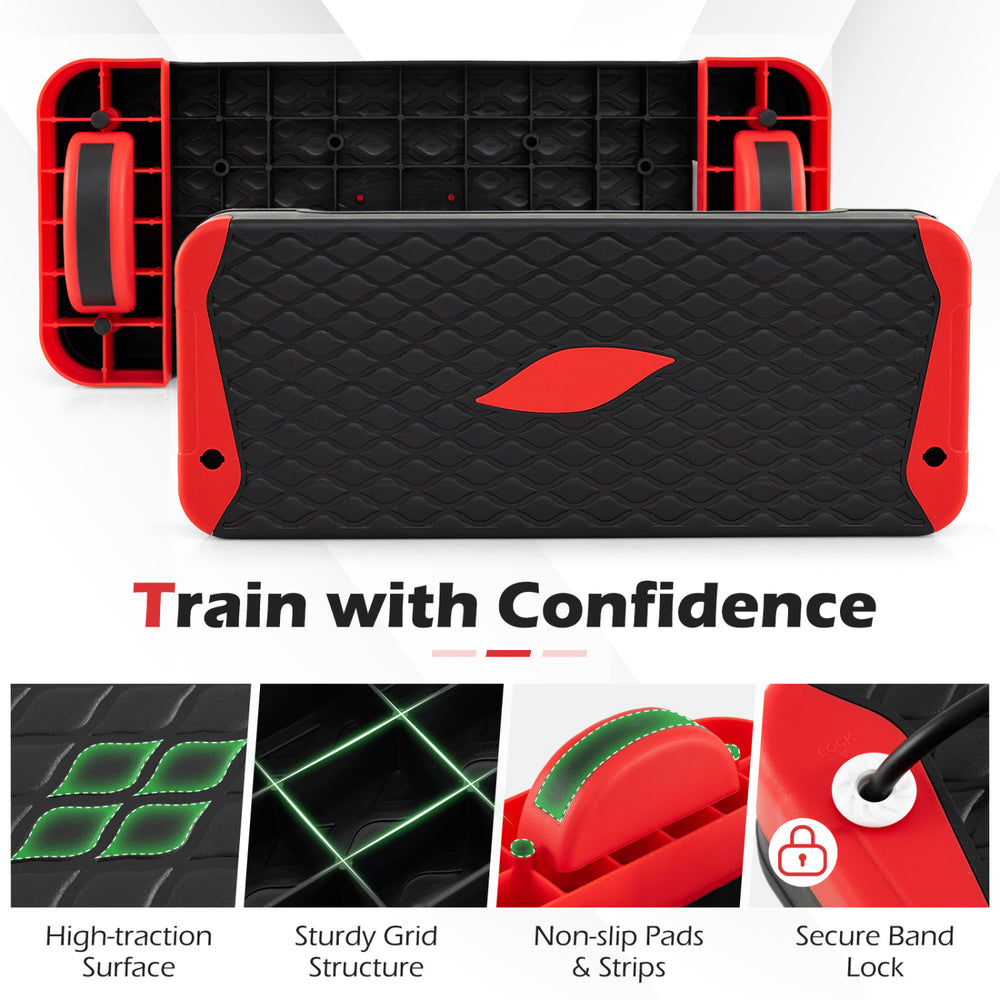 3-in-1 aerobic step platform set in red with non-slip surface, stackable risers, and secure resistance band lock for.