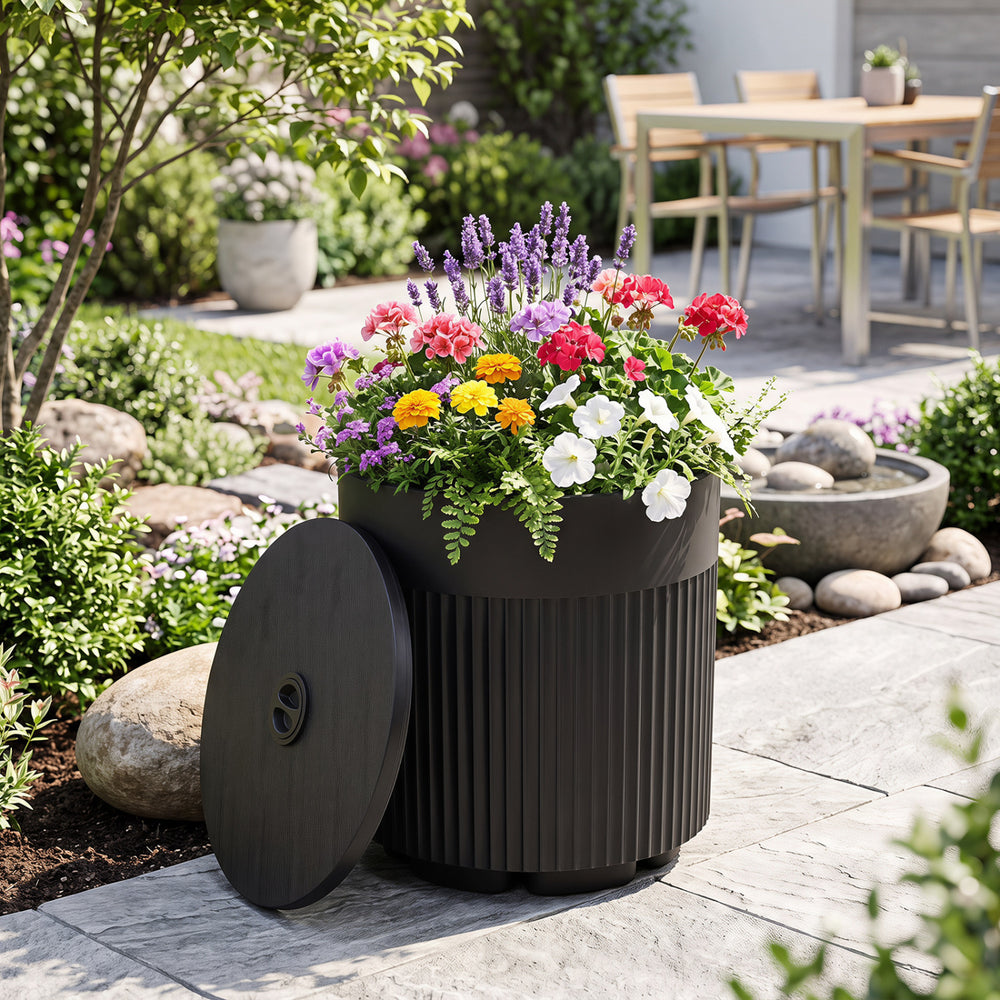 Black 3-in-1 outdoor umbrella base with water bag, designed for stability and easy outdoor organization.