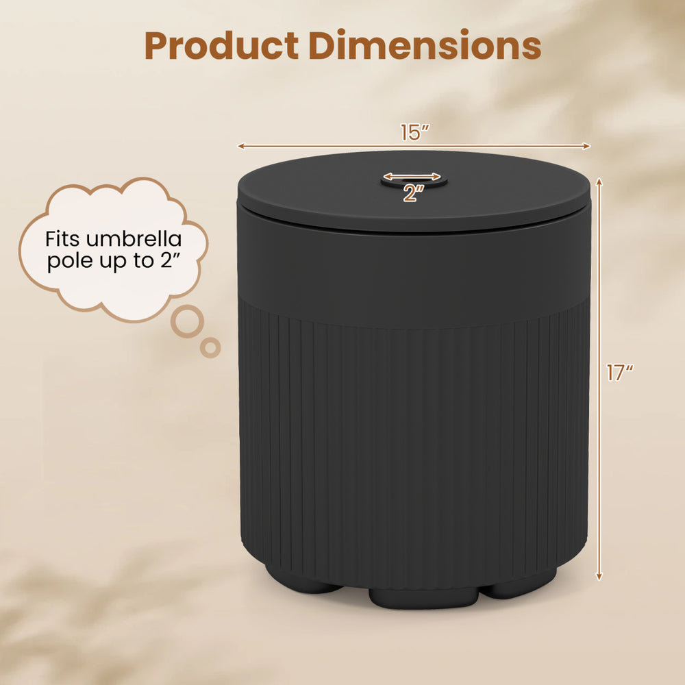 Black 3-in-1 outdoor HDPE umbrella base with a 2” umbrella hole, designed for stability and easy outdoor organization.