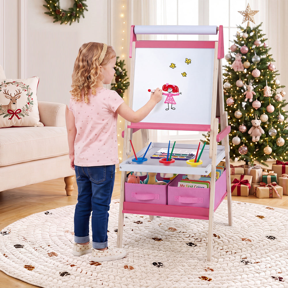 3-in-1 Art Easel for Kids with Magnetic Chalkboard and Whiteboard-Pink - Gallery View 1 of 11