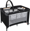 Portable 3-in-1 baby crib and playpen in black with changing table, mesh walls, and detachable toy bar for safety and.