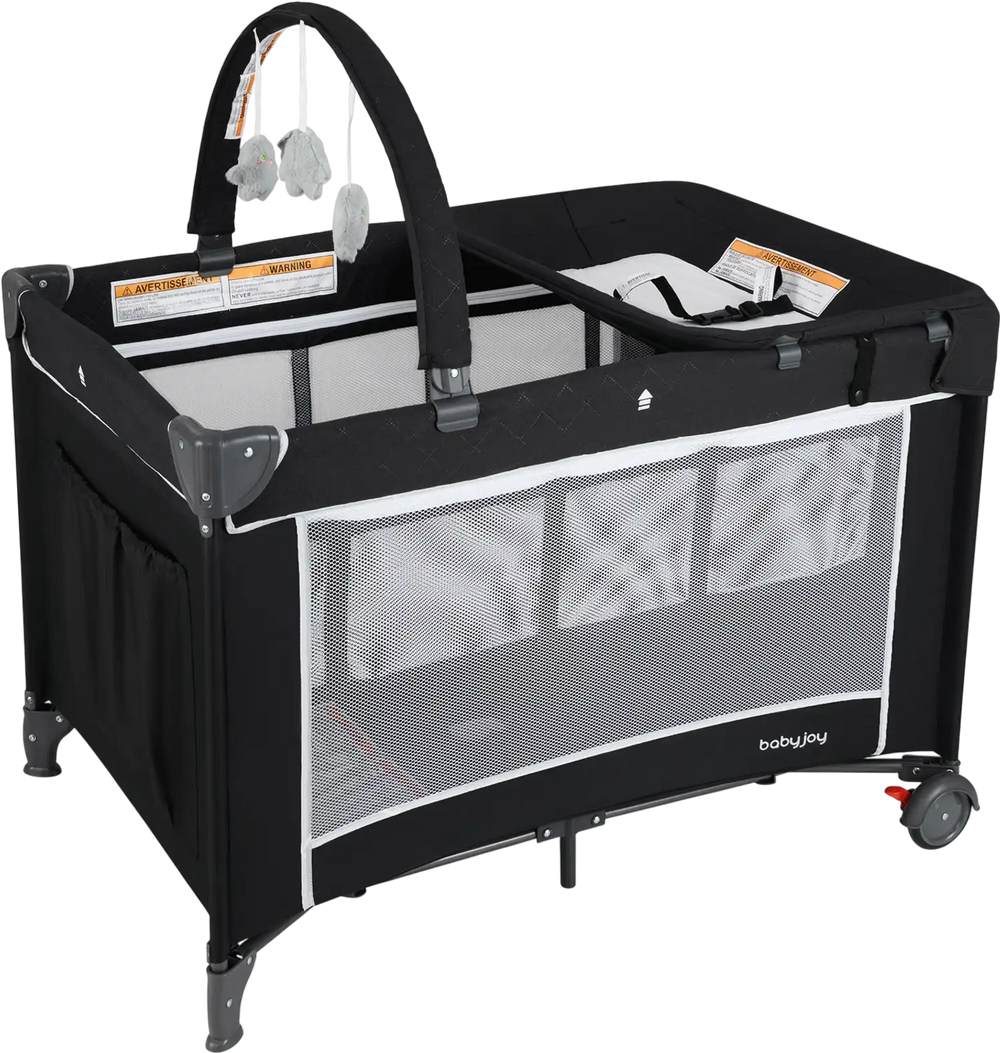 Portable 3-in-1 baby crib and playpen in black with changing table, mesh walls, and detachable toy bar for safety and.