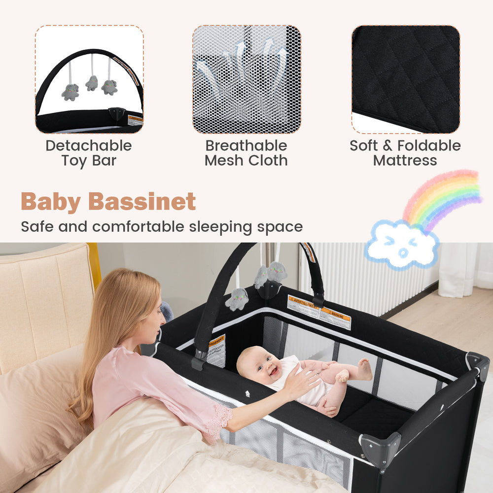 3-in-1 portable baby crib in black with breathable mesh, soft foldable mattress, and detachable toy bar for safe.