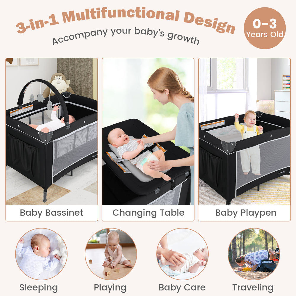 3-in-1 portable baby crib in black, featuring a changing table, playpen, and bassinet for versatile baby care.