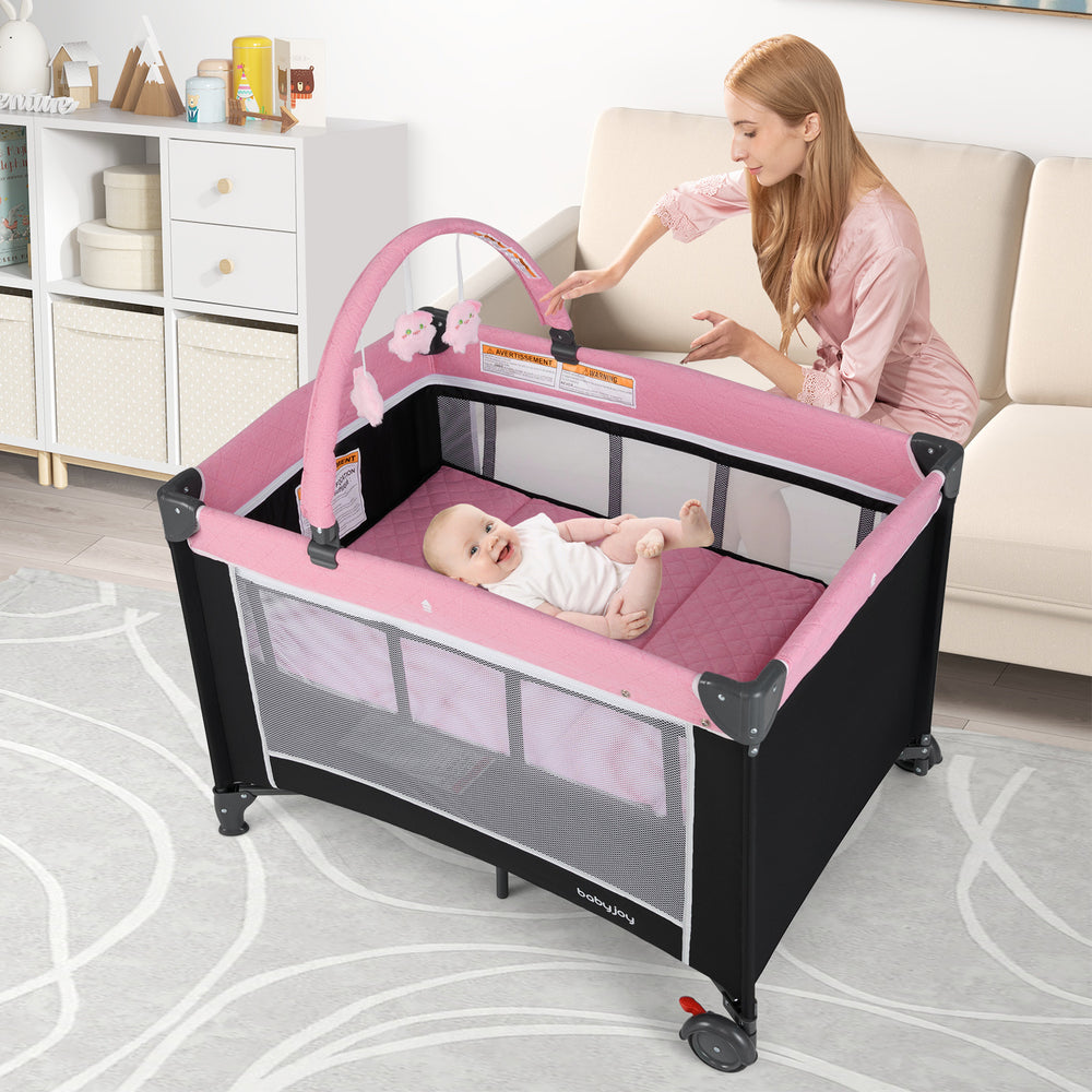 3-in-1 Portable Baby Crib and Playpen with Changing Table-Pink - Gallery View 1 of 10