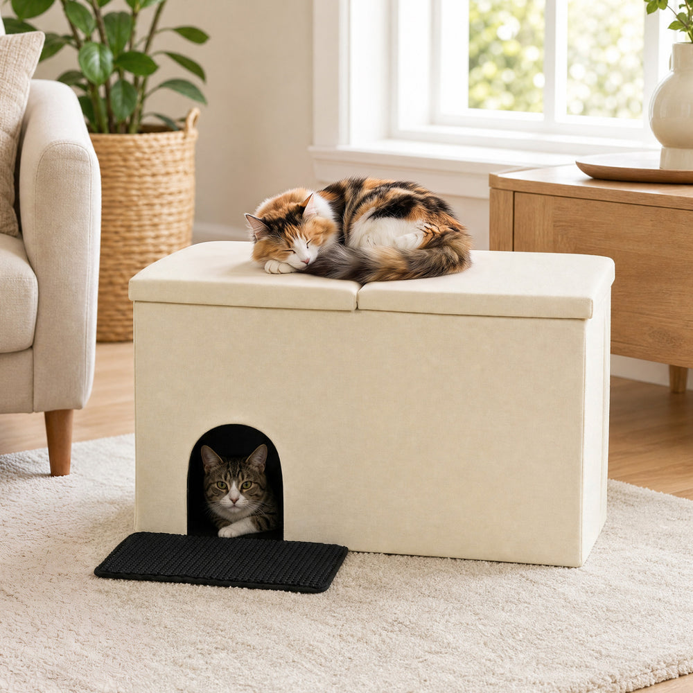 Beige 3-in-1 cat litter box enclosure with removable divider, offering privacy and comfort for pets in a stylish design.