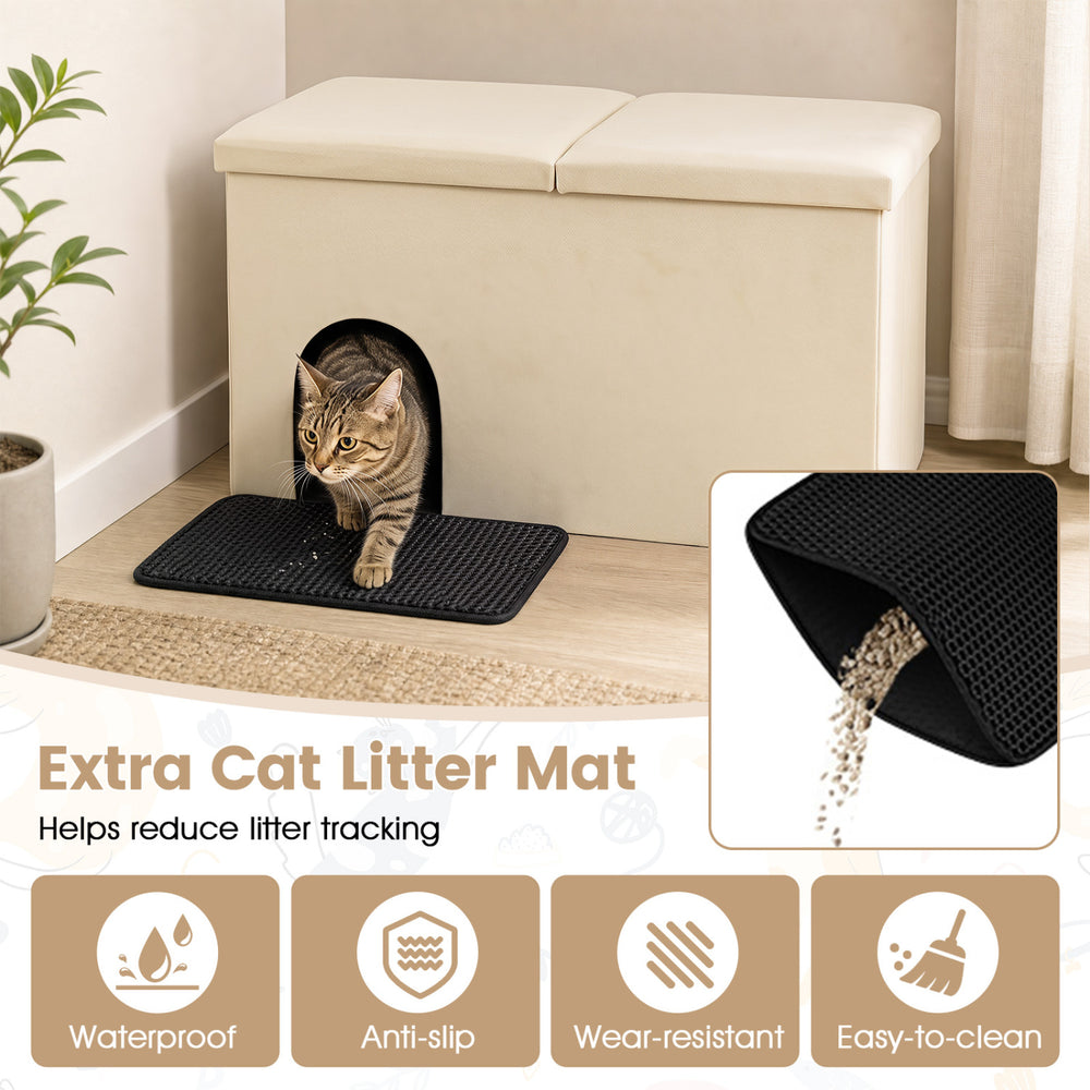 Black cat litter mat with honeycomb design, waterproof and anti-slip, helps reduce litter tracking for your pet.