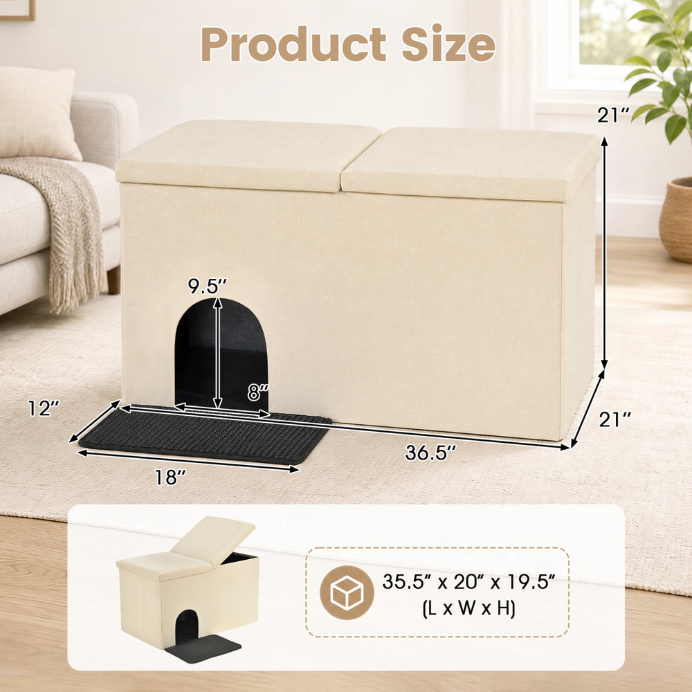 Beige 3-in-1 cat litter box enclosure with removable divider, featuring a comfortable upholstered bench and waterproof mat.