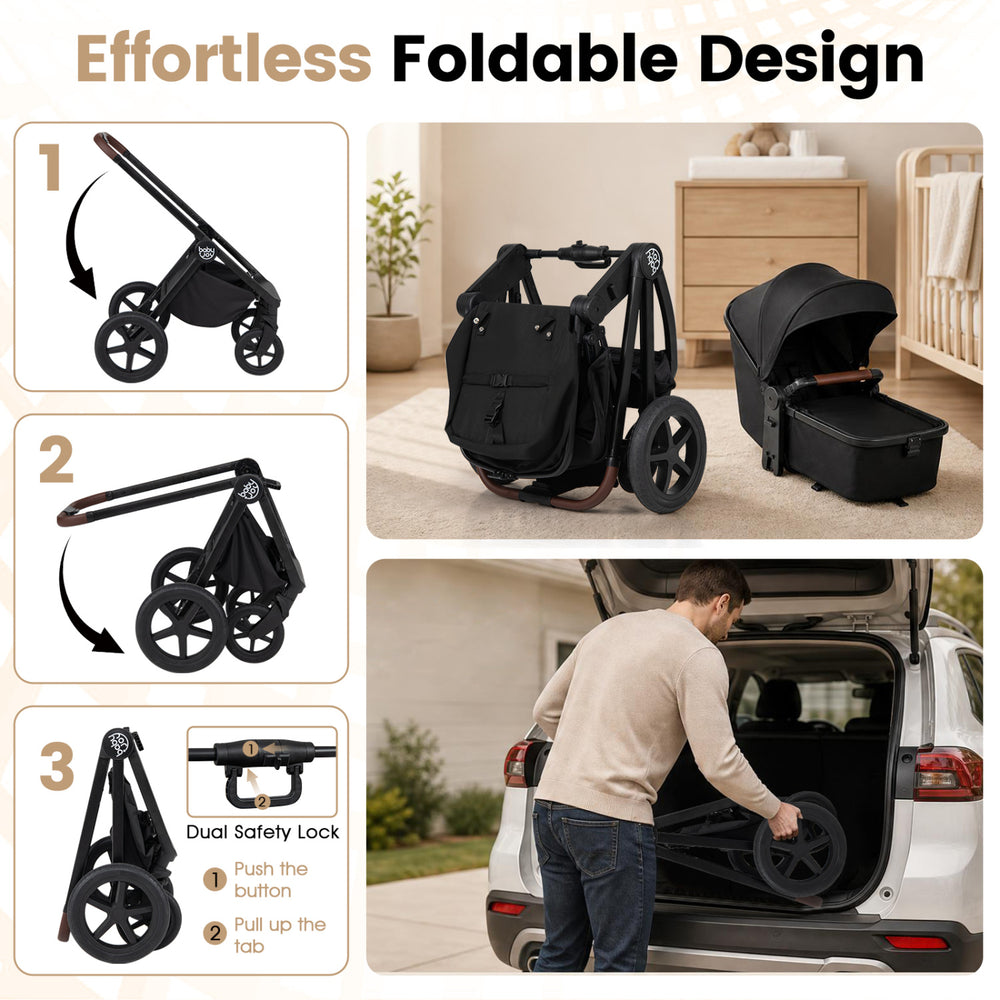 3-in-1 convertible high landscape bassinet stroller in black features an effortless foldable design for easy storage and transport.