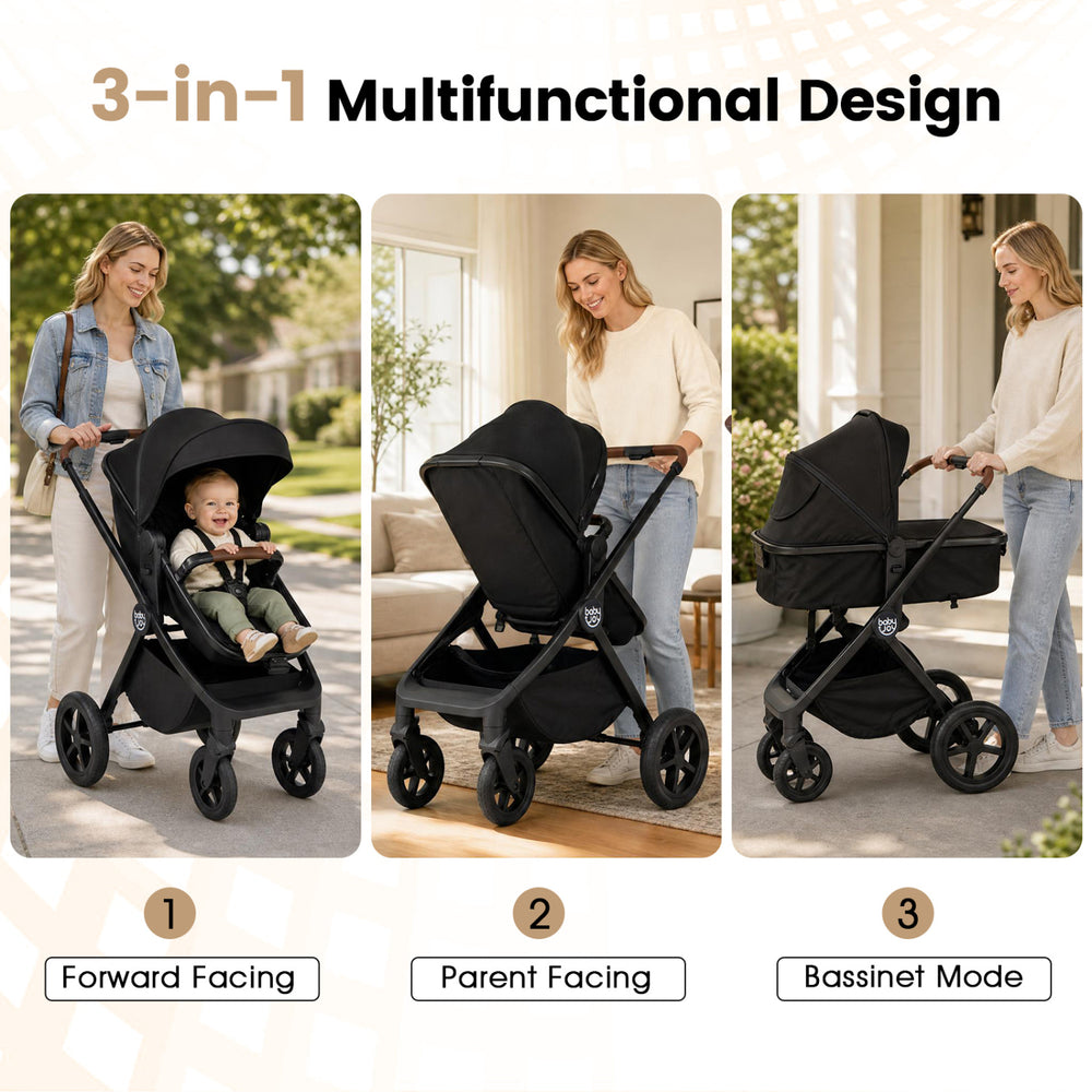3-in-1 convertible stroller in black with forward-facing, parent-facing, and bassinet modes for versatile use and comfort.