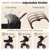 Adjustable stroller in black features a high landscape design, 4-level canopy, and multiple reclining positions for comfort.