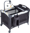 Convertible portable baby playard in dark gray with adjustable sidebars, music box, and wheels for safety and stability.
