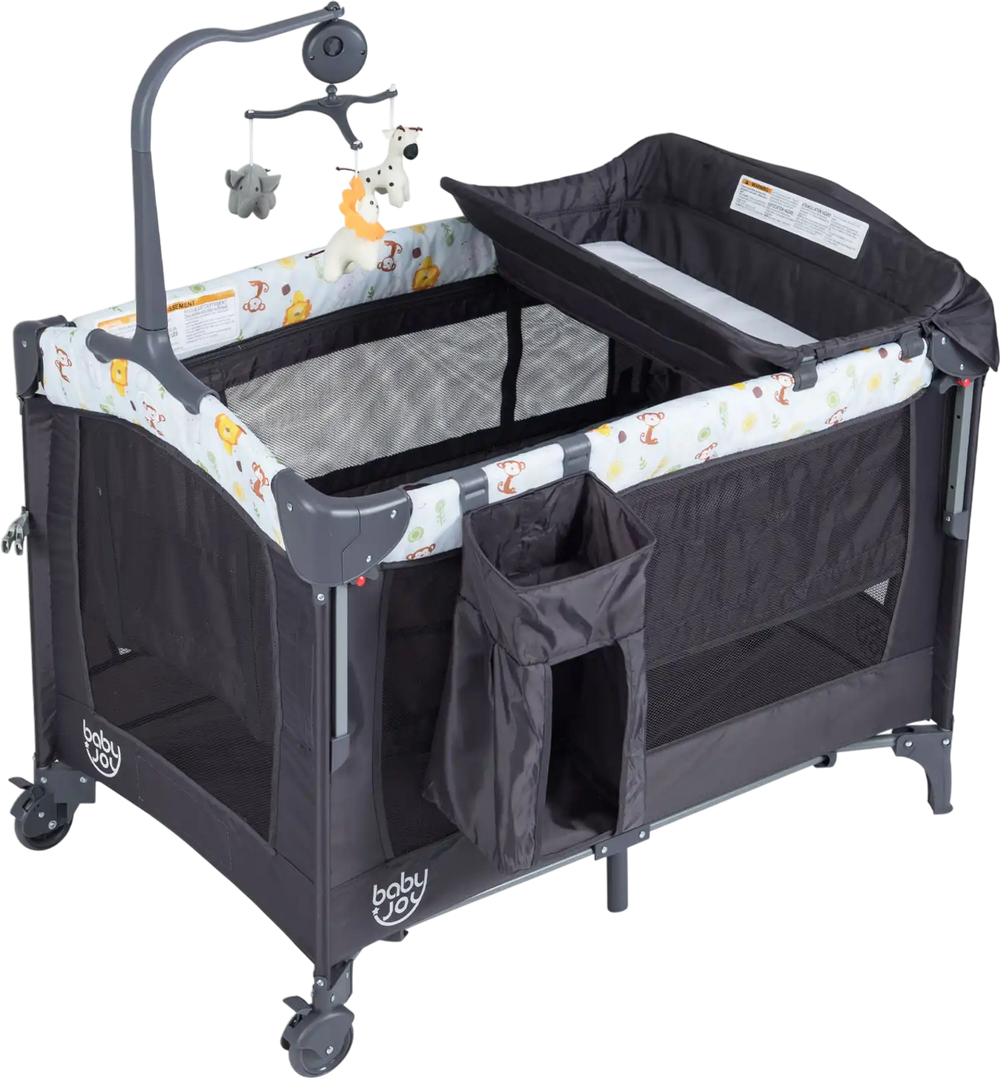 Convertible portable baby playard in dark gray with adjustable sidebars, music box, and wheels for safety and stability.