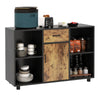Industrial sideboard with rustic finish, featuring 4 open cubbies, a drawer, and storage for wine bottles and glasses.