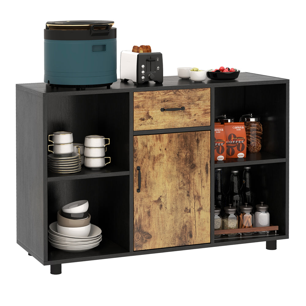 Industrial sideboard with rustic finish, featuring 4 open cubbies, a drawer, and storage for wine bottles and glasses.
