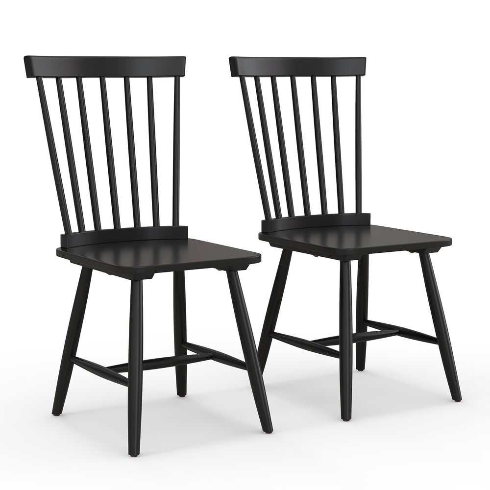Two black Windsor chairs with high spindle backs and wide seats, perfect for a dining set or additional seating.