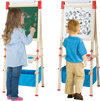 Double-sided adjustable kid easel with chalkboard and whiteboard, featuring storage tray and accessories for ages 3-8.
