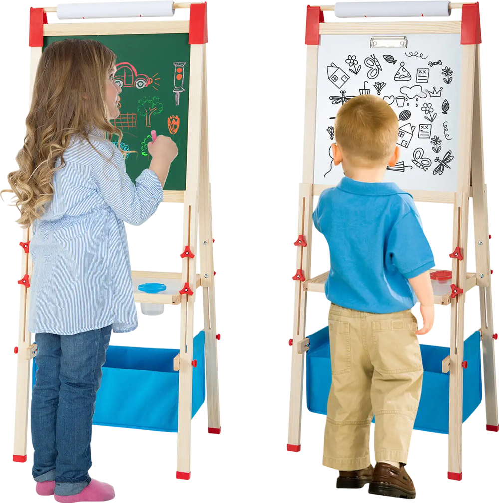 Double-sided adjustable kid easel with chalkboard and whiteboard, featuring storage tray and accessories for ages 3-8.