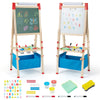 Double-sided adjustable kid easel in blue with chalkboard and whiteboard, includes 60 accessories for creative play.
