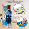 Adjustable blue kid easel with magnetic chalkboard, storage tray, and removable fabric bag for art supplies.
