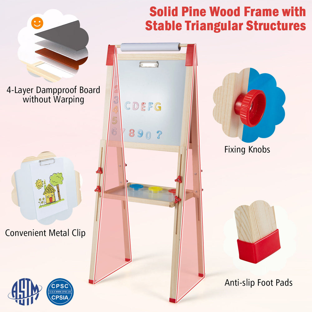 Adjustable double-sided kid easel with solid pine wood frame, magnetic chalkboard, and included accessories for.
