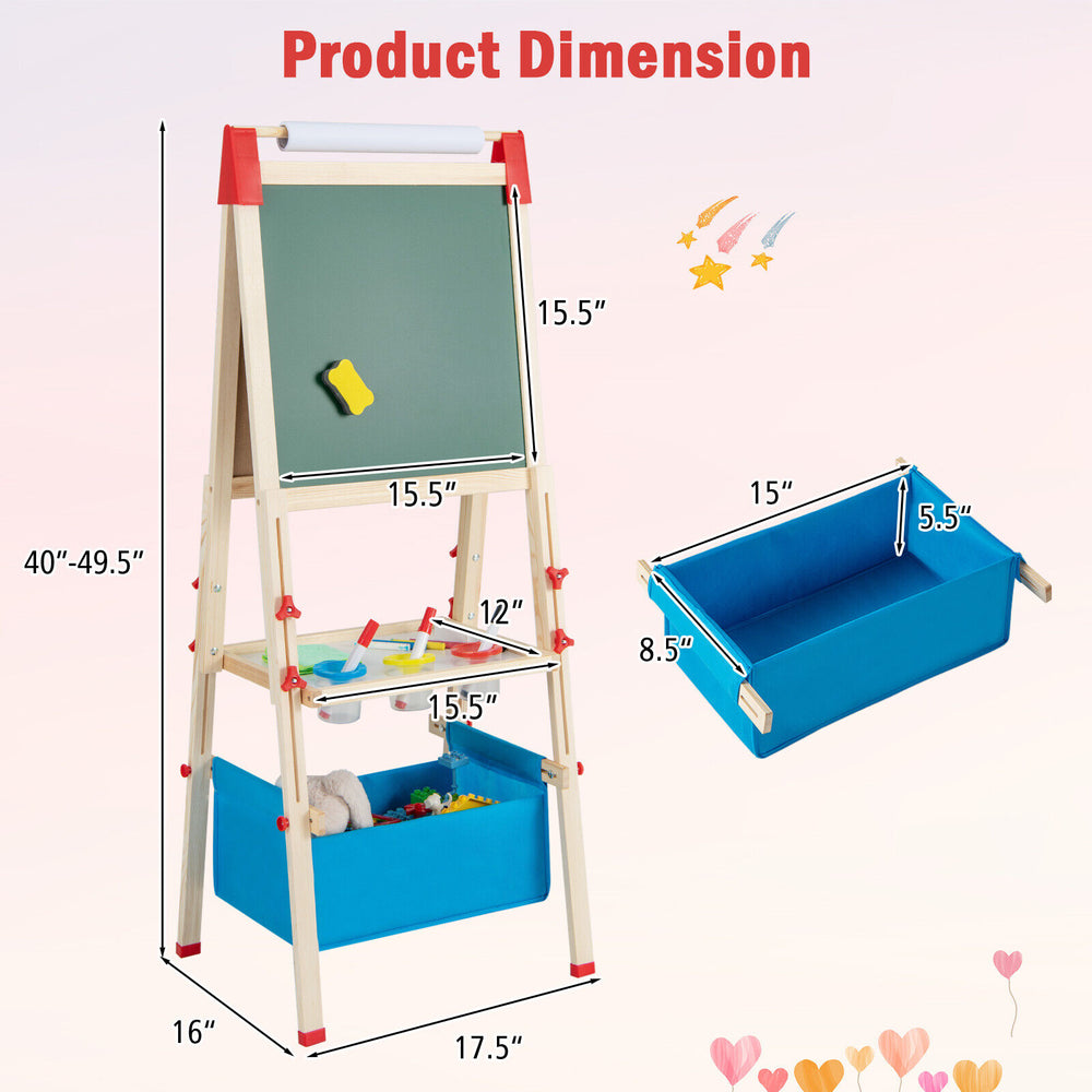 Adjustable double-sided kid easel with chalkboard, whiteboard, and storage bag for ages 3-8, height 40"-49.5".