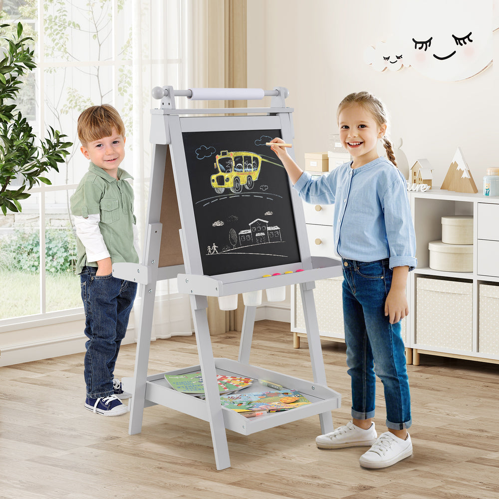 3-in-1 Double-sided Art Easel with Chalkboard and Magnetic Whiteboard-Gray - Gallery View 1 of 10