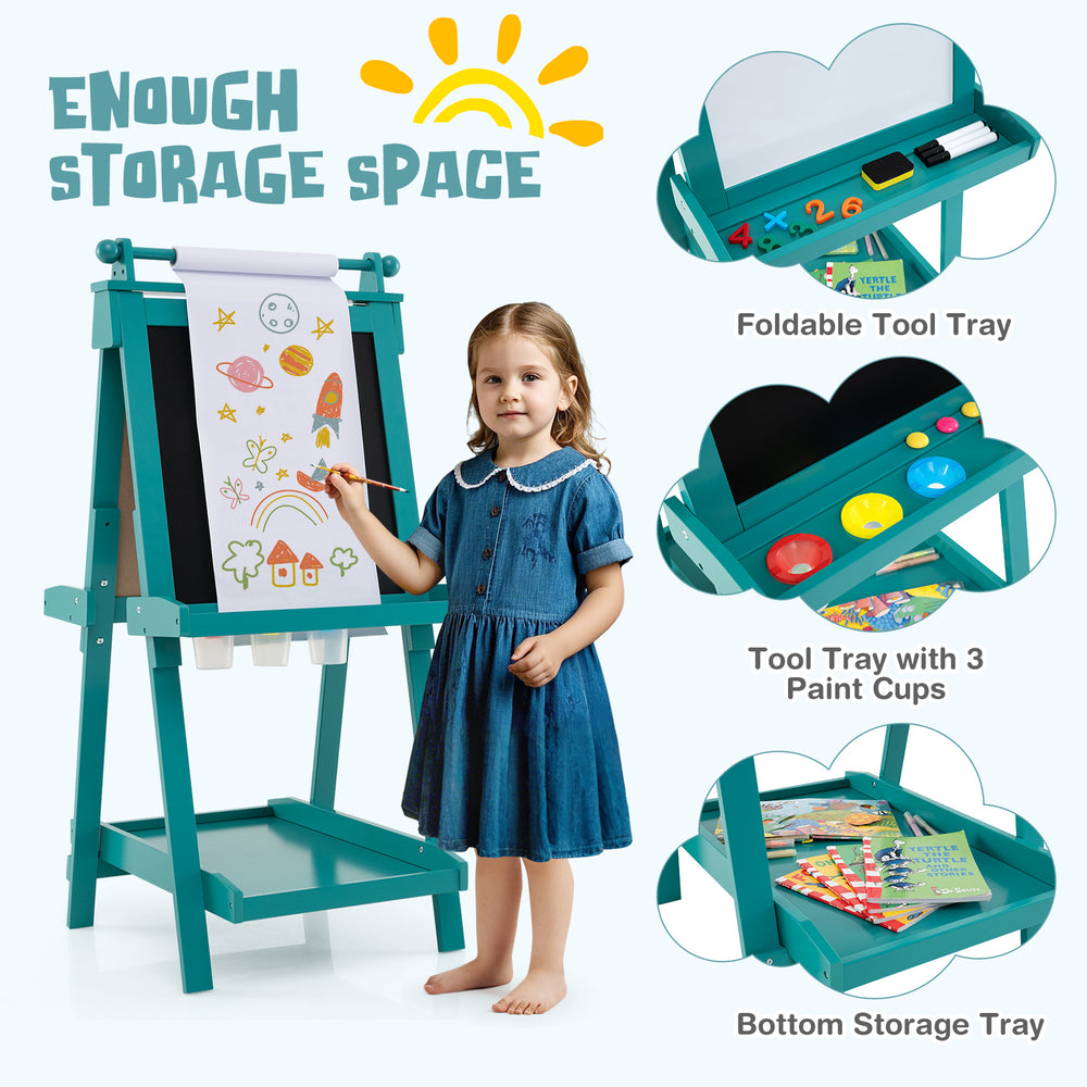 Double-sided art easel in green with chalkboard and magnetic whiteboard, featuring foldable tool tray and storage space.