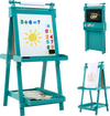 Double-sided 3-in-1 art easel in green with chalkboard, magnetic whiteboard, and storage for kids' creativity.