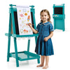 Double-sided art easel in green with chalkboard and magnetic whiteboard, perfect for kids' creativity and storage.