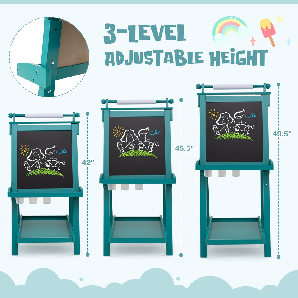 3-in-1 double-sided art easel in green with adjustable height, chalkboard, and storage for kids' creative activities.