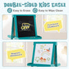 Double-sided kids easel in green featuring a chalkboard and magnetic whiteboard, perfect for creative play and storage.