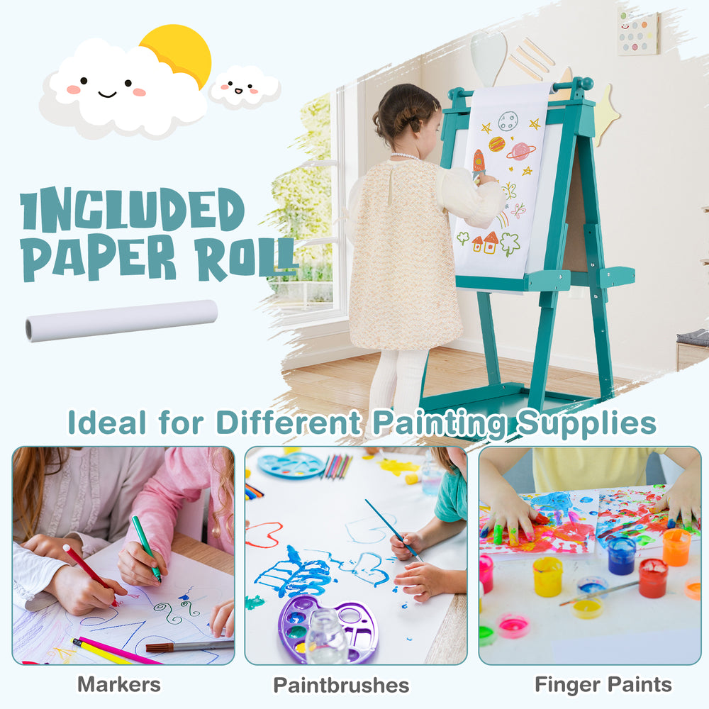 Double-sided art easel in green with chalkboard, magnetic whiteboard, and included paper roll for kids' creativity.