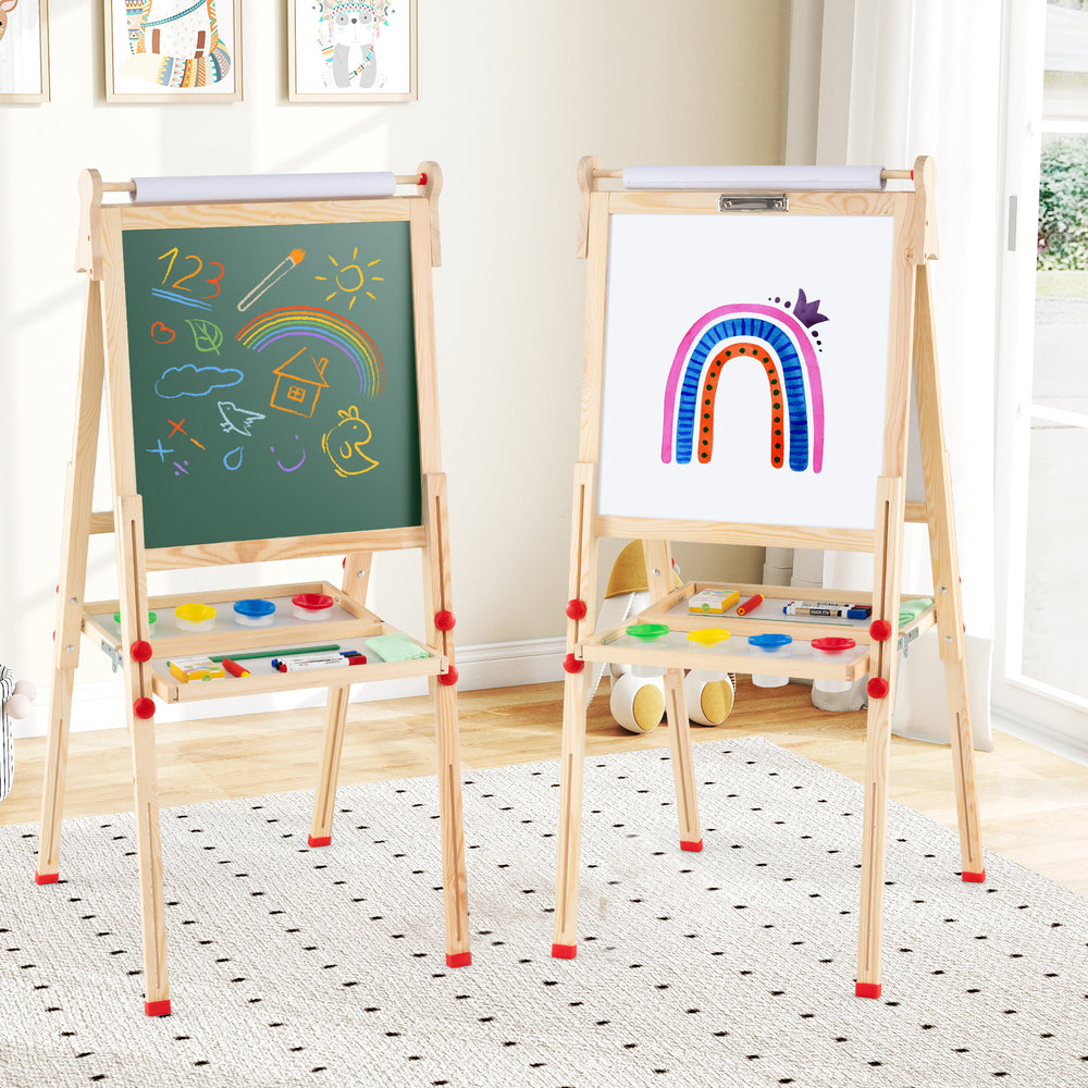 Double-sided wooden kids art easel with chalkboard and paper roll, adjustable height, perfect for creative play.