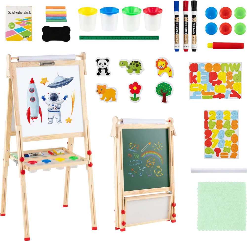 3-in-1 Double-Sided Folding Wooden Kids Art Easel with Paper Roll