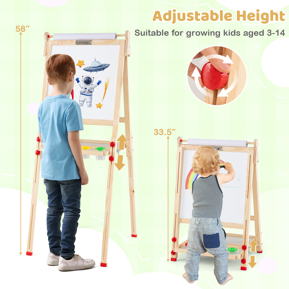 Adjustable height wooden kids art easel with paper roll, suitable for ages 3-14, featuring a magnetic whiteboard and.