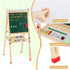 Double-sided wooden kids art easel with magnetic whiteboard, storage tray, and anti-slip foot pads for creative play.