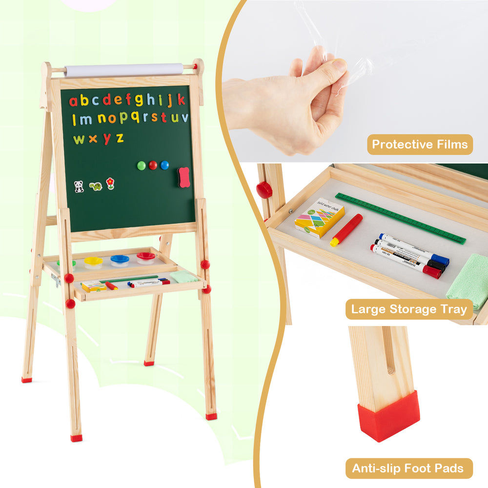 Double-sided wooden kids art easel with magnetic whiteboard, storage tray, and anti-slip foot pads for creative play.