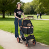 3-in-1 foldable pet stroller in black with sun shade, safety belt, and a cozy interior for small to medium dogs.