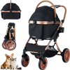 3-in-1 foldable pet stroller in black with copper accents, featuring a sun shade and safety belt for small to medium.