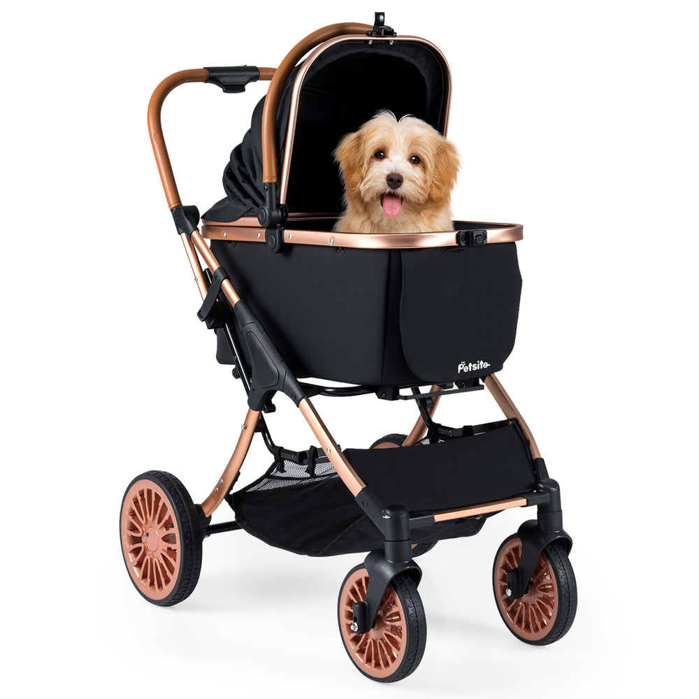 Foldable pet stroller in black with sun shade, safety belt, and a cozy interior for small to medium dogs and cats.
