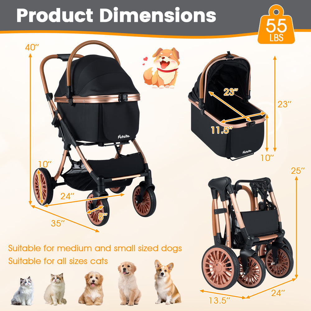 3-in-1 foldable pet stroller in black with sun shade, safety belt, and dimensions for small to medium dogs and cats.