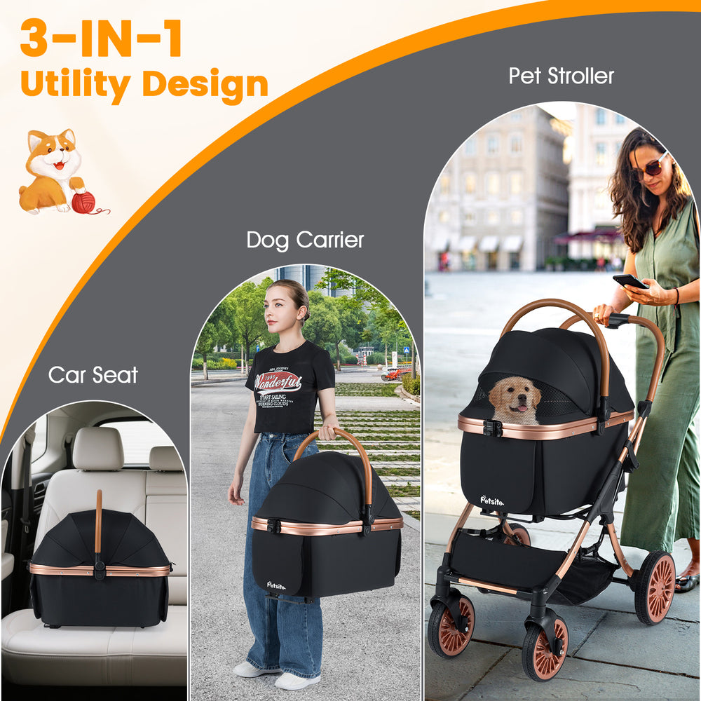 3-in-1 foldable pet stroller in black, featuring a sun shade, safety belt, and removable cushion for small to medium.
