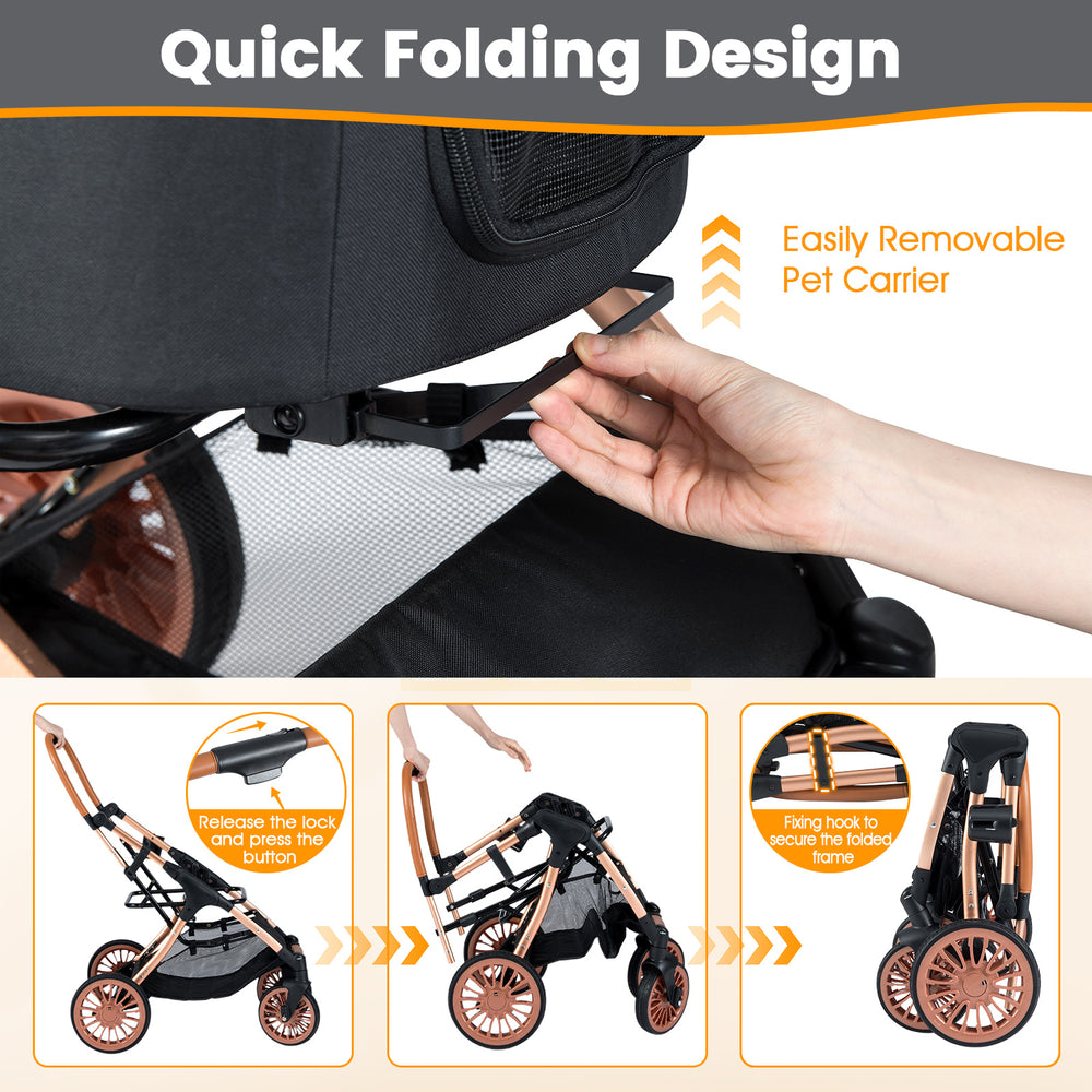 Foldable pet stroller with sun shade, safety belt, and removable carrier for small to medium dogs and cats.
