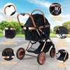3-in-1 foldable pet stroller in black with rustproof aluminum frame, adjustable cup holder, and large storage basket.