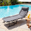 Gray 3-in-1 folding camping cot with adjustable backrest, perfect for lounging by the pool or relaxing outdoors.