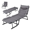 3-in-1 folding camping cot in gray, adjustable backrest, padded for comfort, ideal for lounging or sleeping.