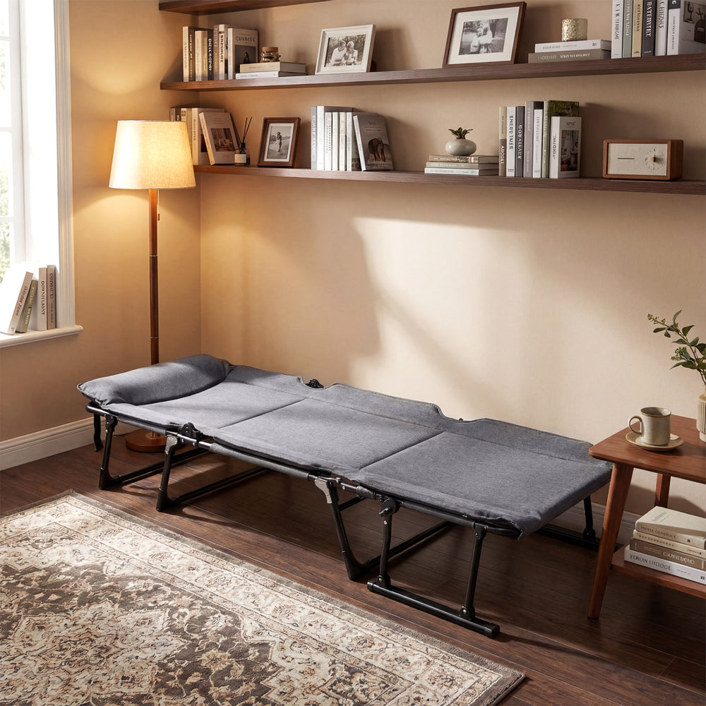 Gray 3 in 1 folding camping cot shown as a lounge chair with adjustable backrest for versatile seating and sleeping.