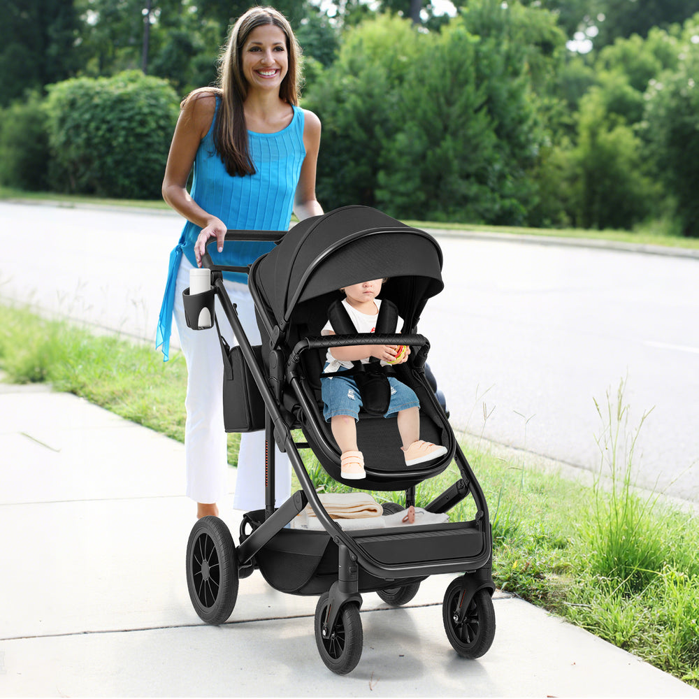 3-in-1 Folding Convertible Newborn Stroller with Detachable Bassinet-Black - Gallery View 1 of 10